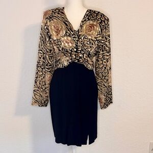 Vintage Metallic Gold Floral Bodice Dress, Size 10